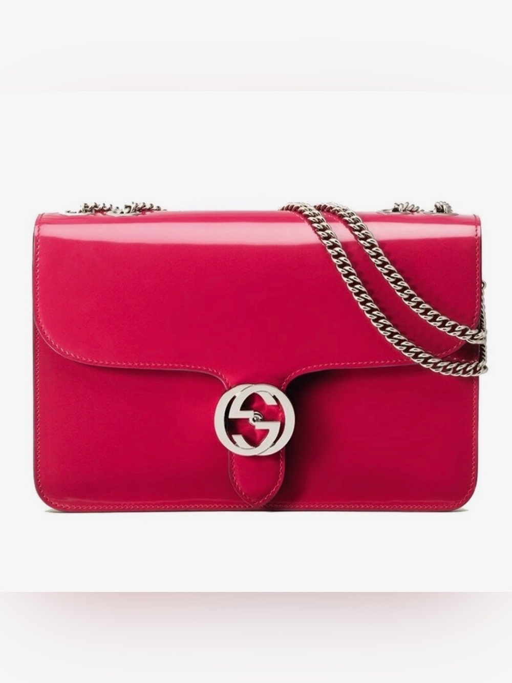 Gucci Hot Pink Patent Leather Shoulder Bag with Silver Chain